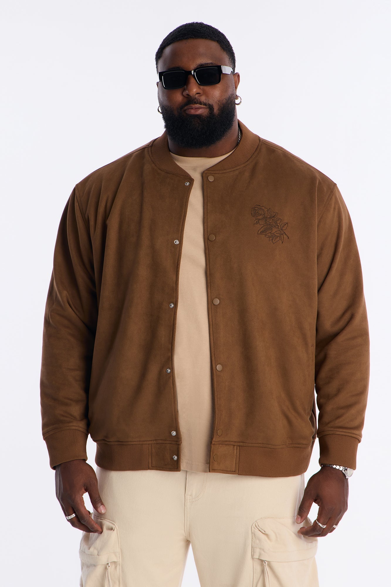 Faux Suede Embroidered Blossom Bomber Jacket - Tan Fashion Nova