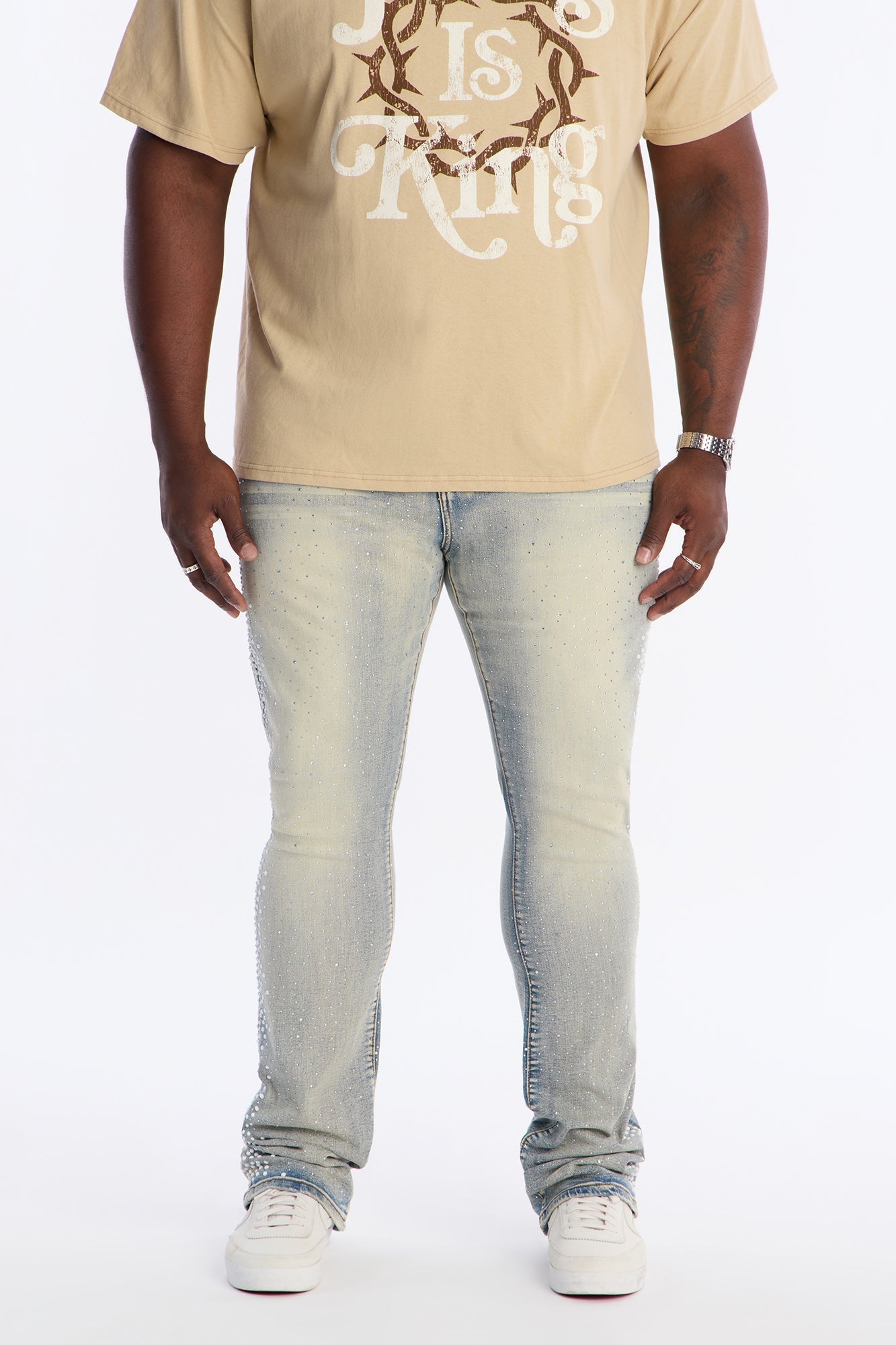 Stacked Skinny Flare Fancy Me Pearls With Jewel Jean - Medium Wash Fashion Nova