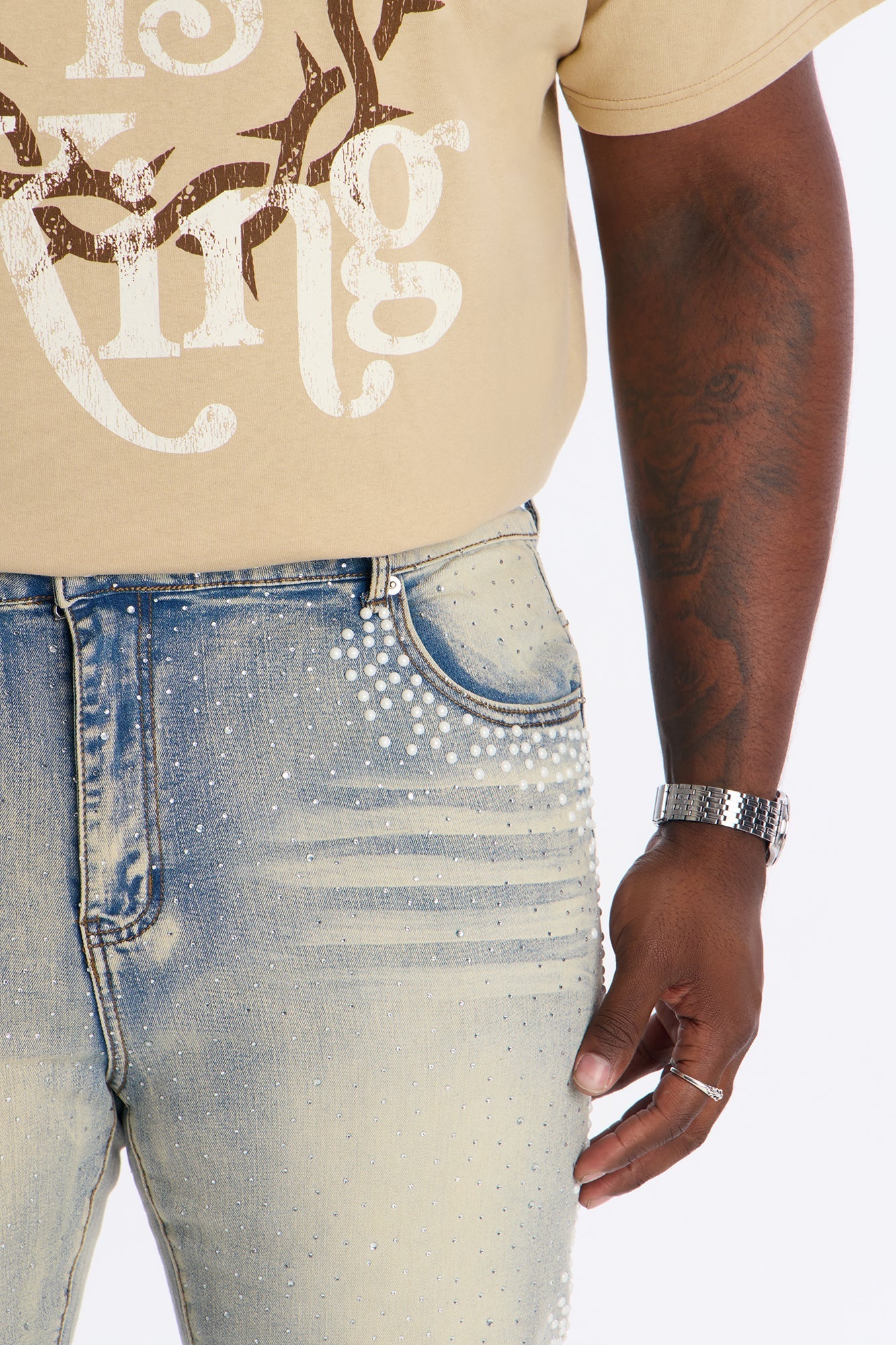Stacked Skinny Flare Fancy Me Pearls With Jewel Jean - Medium Wash Fashion Nova