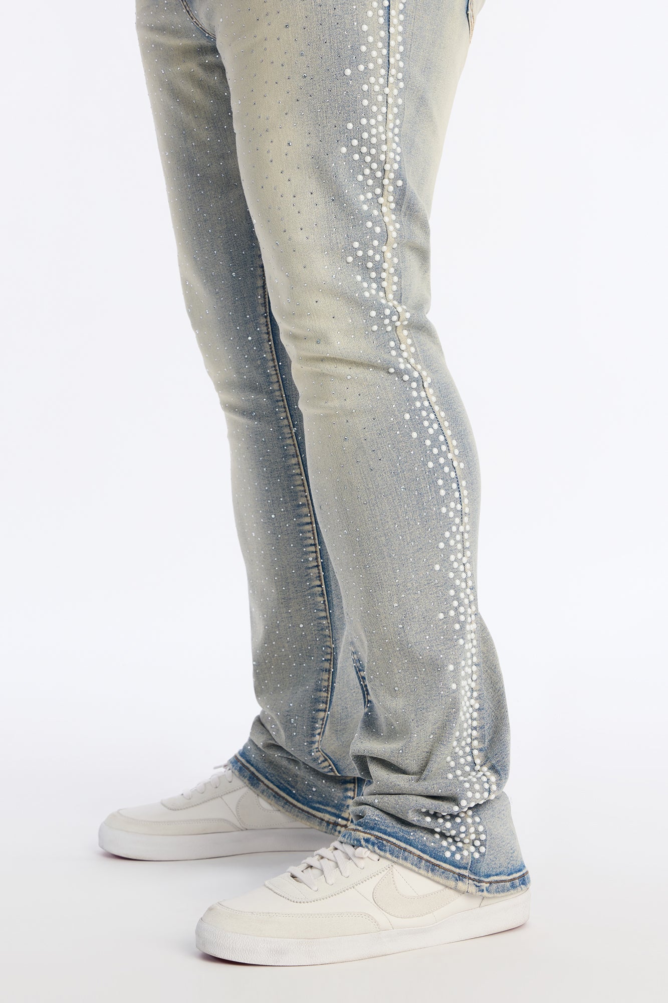 Stacked Skinny Flare Fancy Me Pearls With Jewel Jean - Medium Wash Fashion Nova