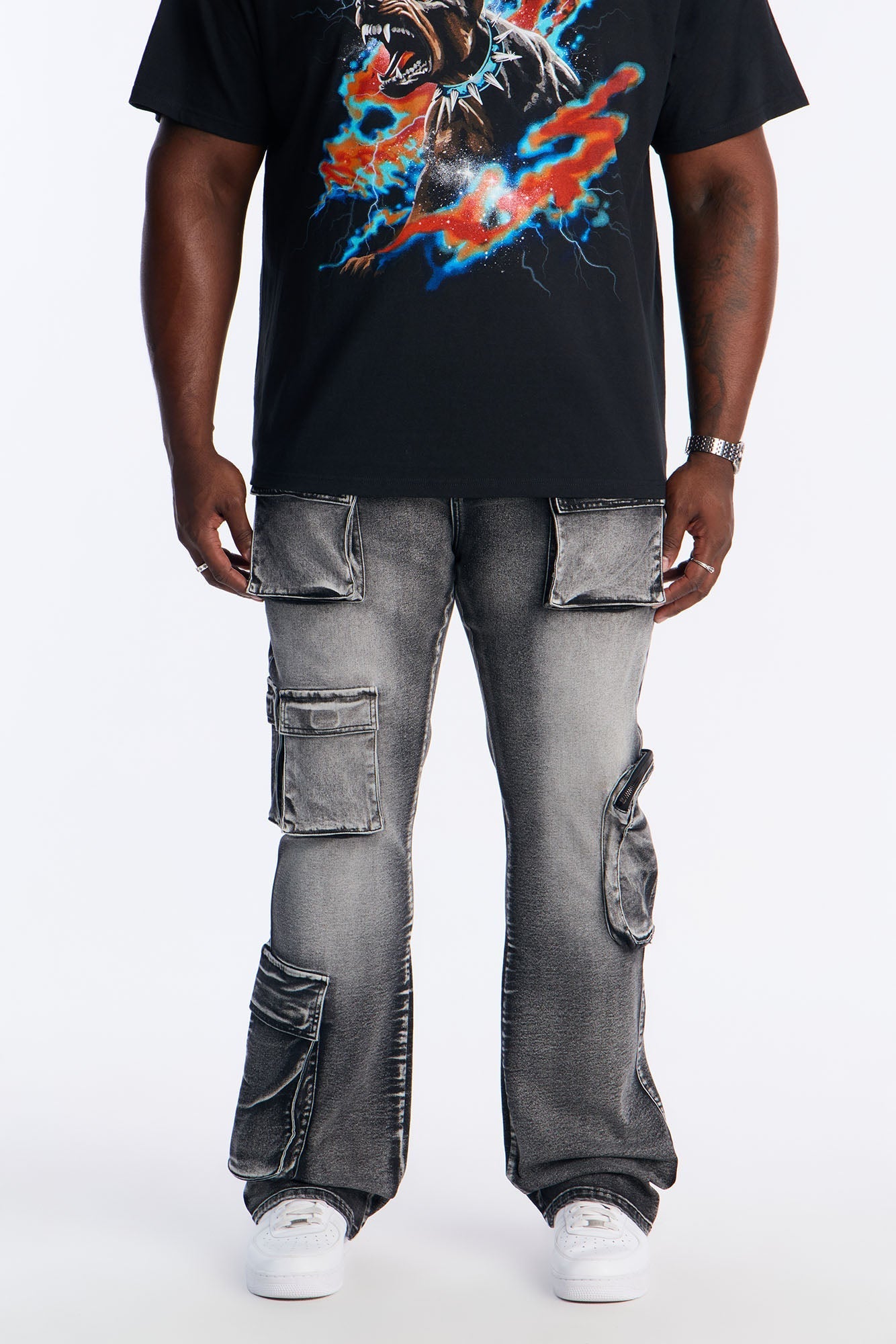 Stacked Skinny Flare Out And About Cargo Jean - Black Wash Fashion Nova
