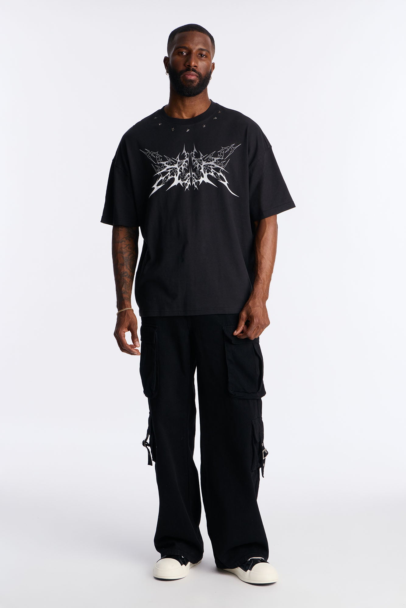 Metal Star Studded Short Sleeve Tee - Black Fashion Nova