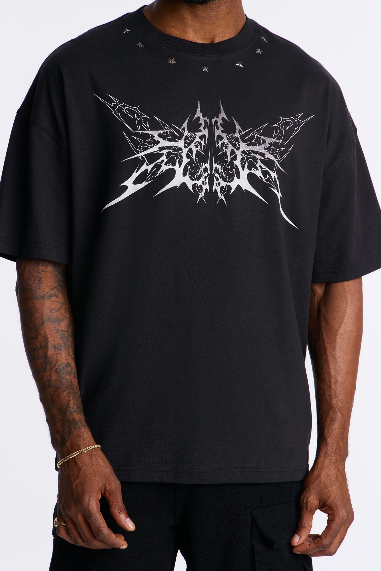 Metal Star Studded Short Sleeve Tee - Black Fashion Nova
