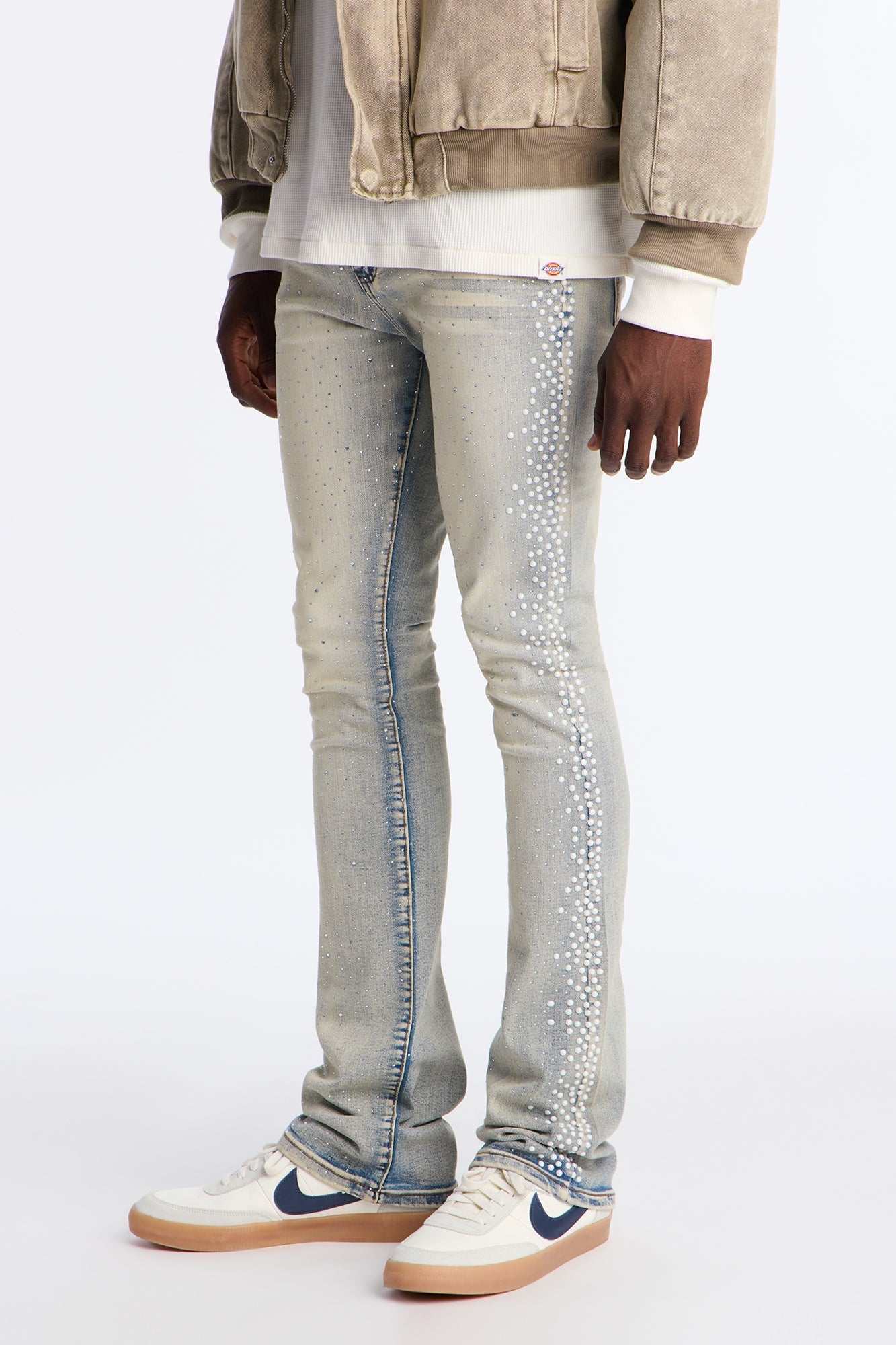 Stacked Skinny Flare Fancy Me Pearls With Jewel Jean - Medium Wash Fashion Nova