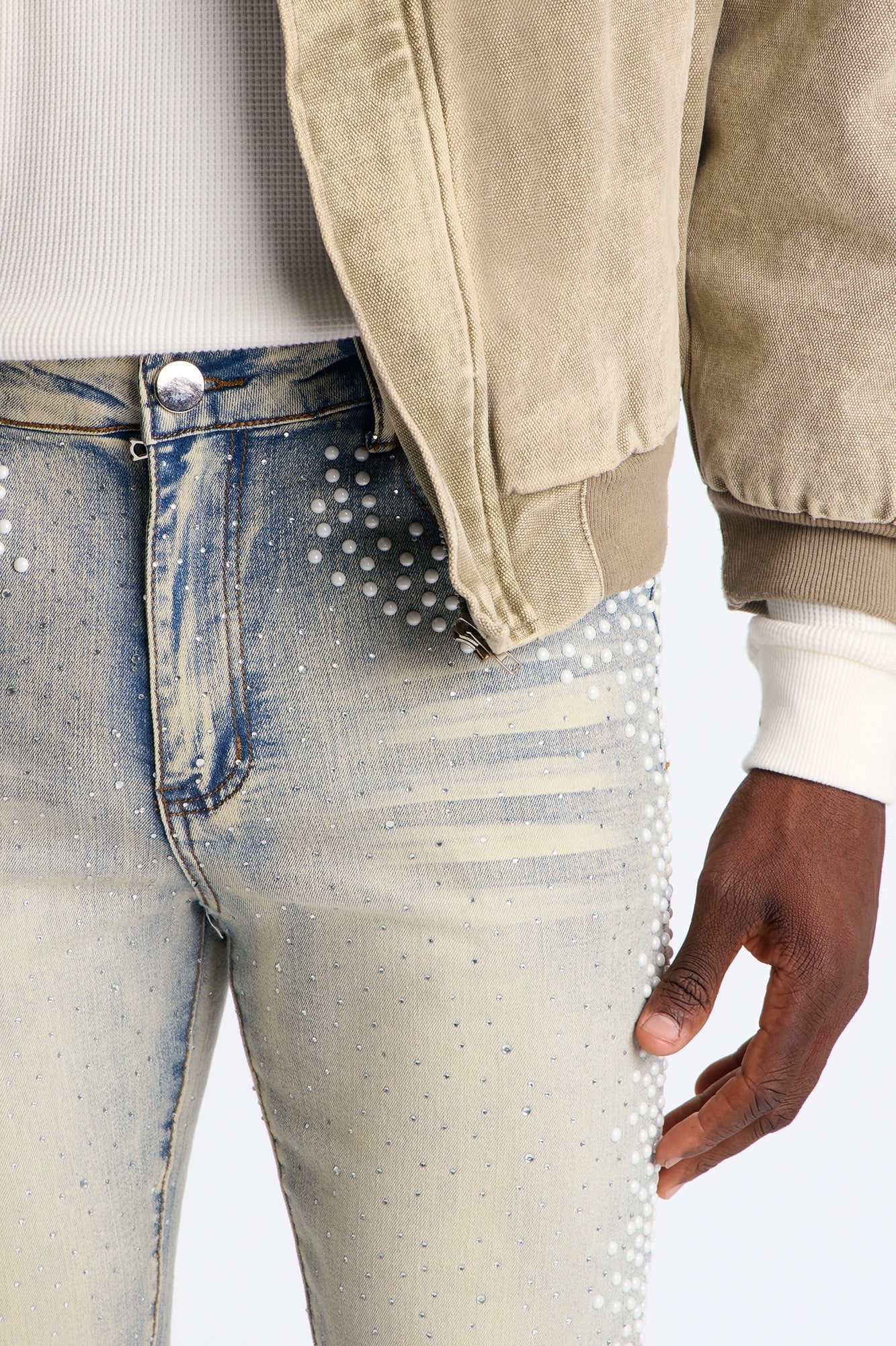 Stacked Skinny Flare Fancy Me Pearls With Jewel Jean - Medium Wash Fashion Nova