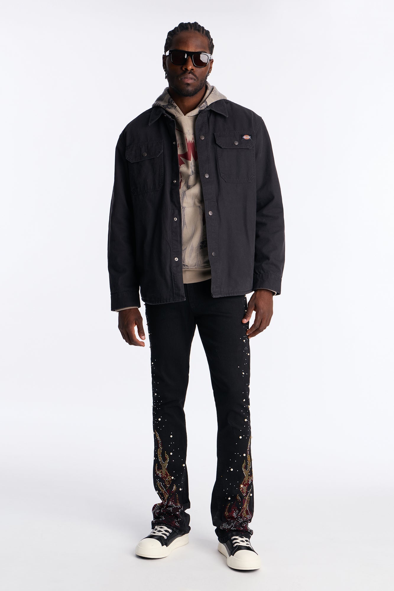 Stacked Skinny Flare Flamed Rose Jeweled Jean - Black Fashion Nova