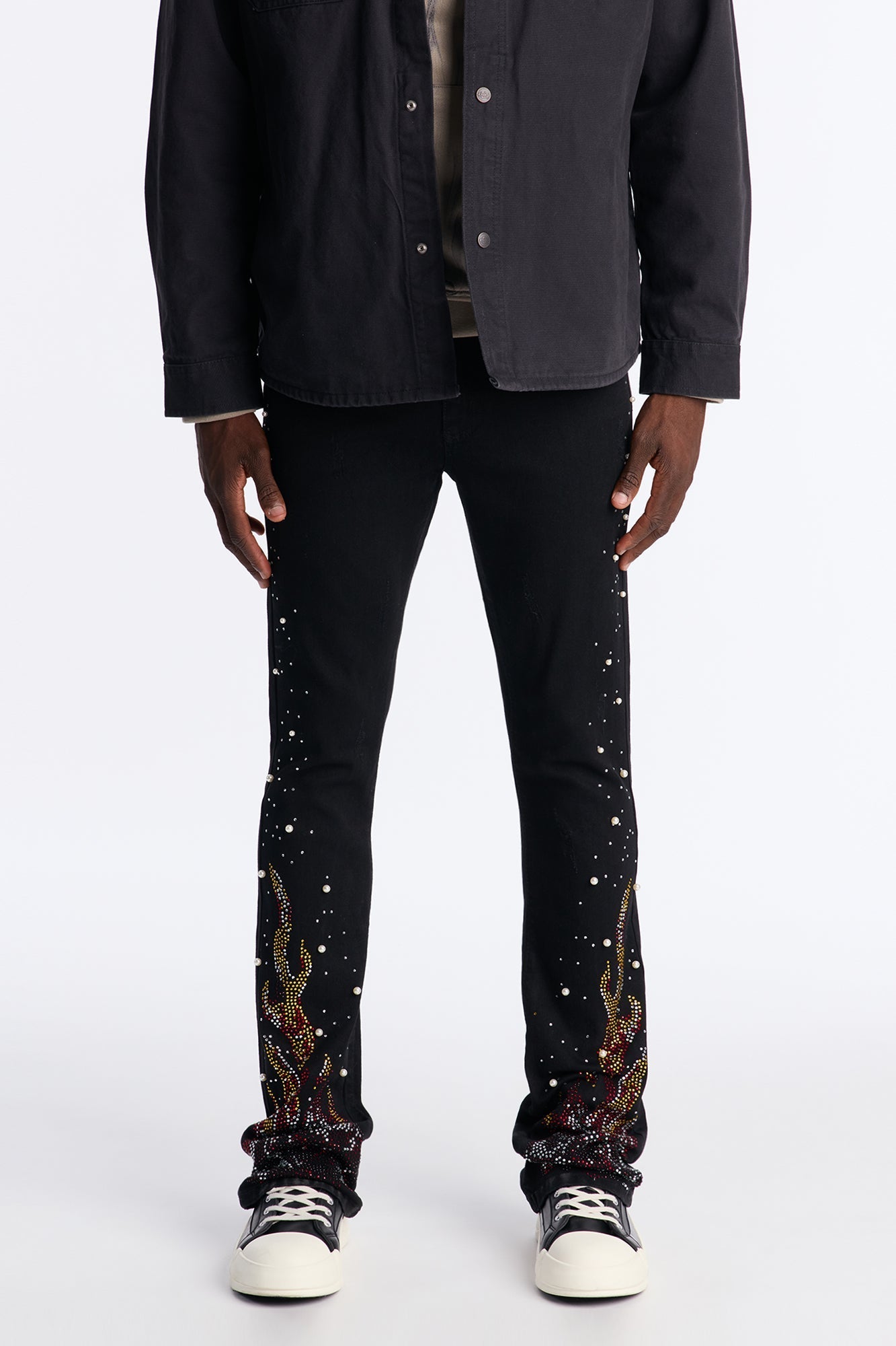 Stacked Skinny Flare Flamed Rose Jeweled Jean - Black Fashion Nova