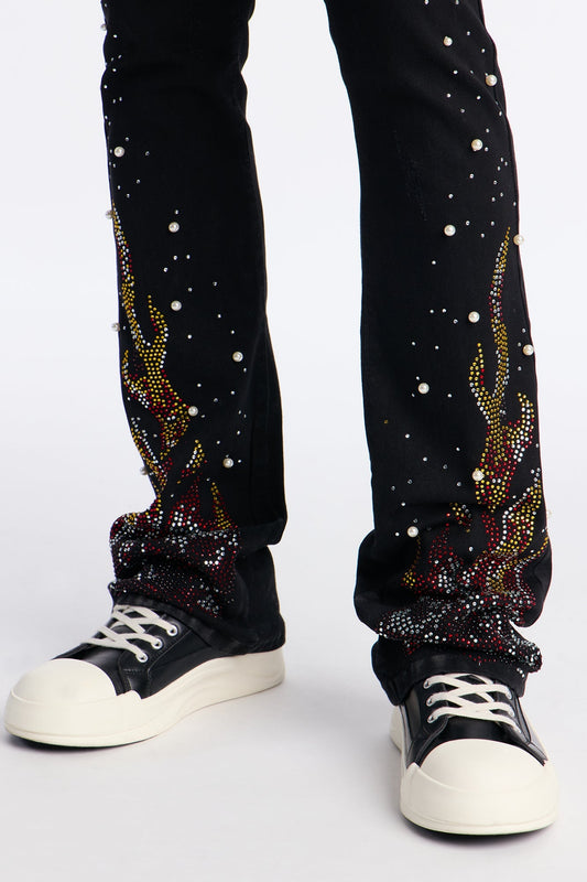 Stacked Skinny Flare Flamed Rose Jeweled Jean - Black Fashion Nova