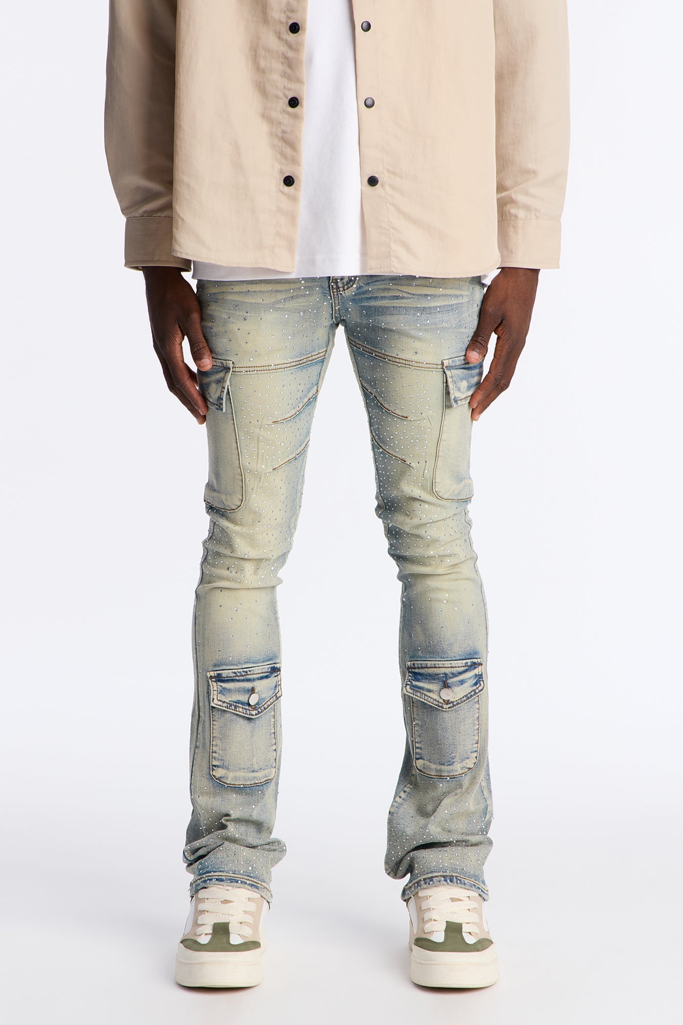 Stacked Skinny Flare Speckled Jeweled Cargo Jean - Medium Wash Fashion Nova