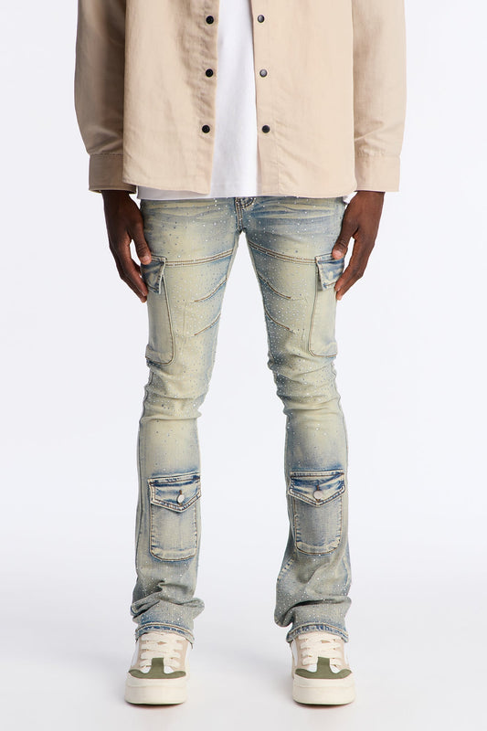 Stacked Skinny Flare Speckled Jeweled Cargo Jean - Medium Wash Fashion Nova