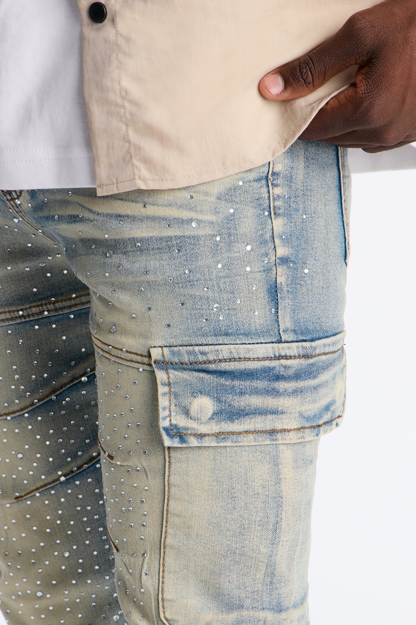 Stacked Skinny Flare Speckled Jeweled Cargo Jean - Medium Wash Fashion Nova
