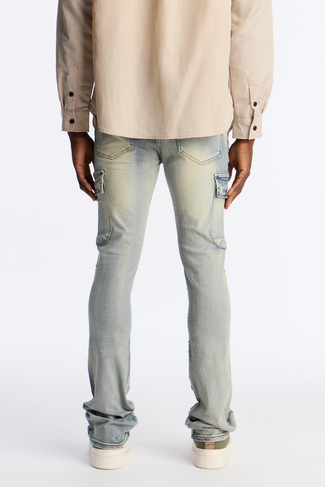 Stacked Skinny Flare Speckled Jeweled Cargo Jean - Medium Wash Fashion Nova