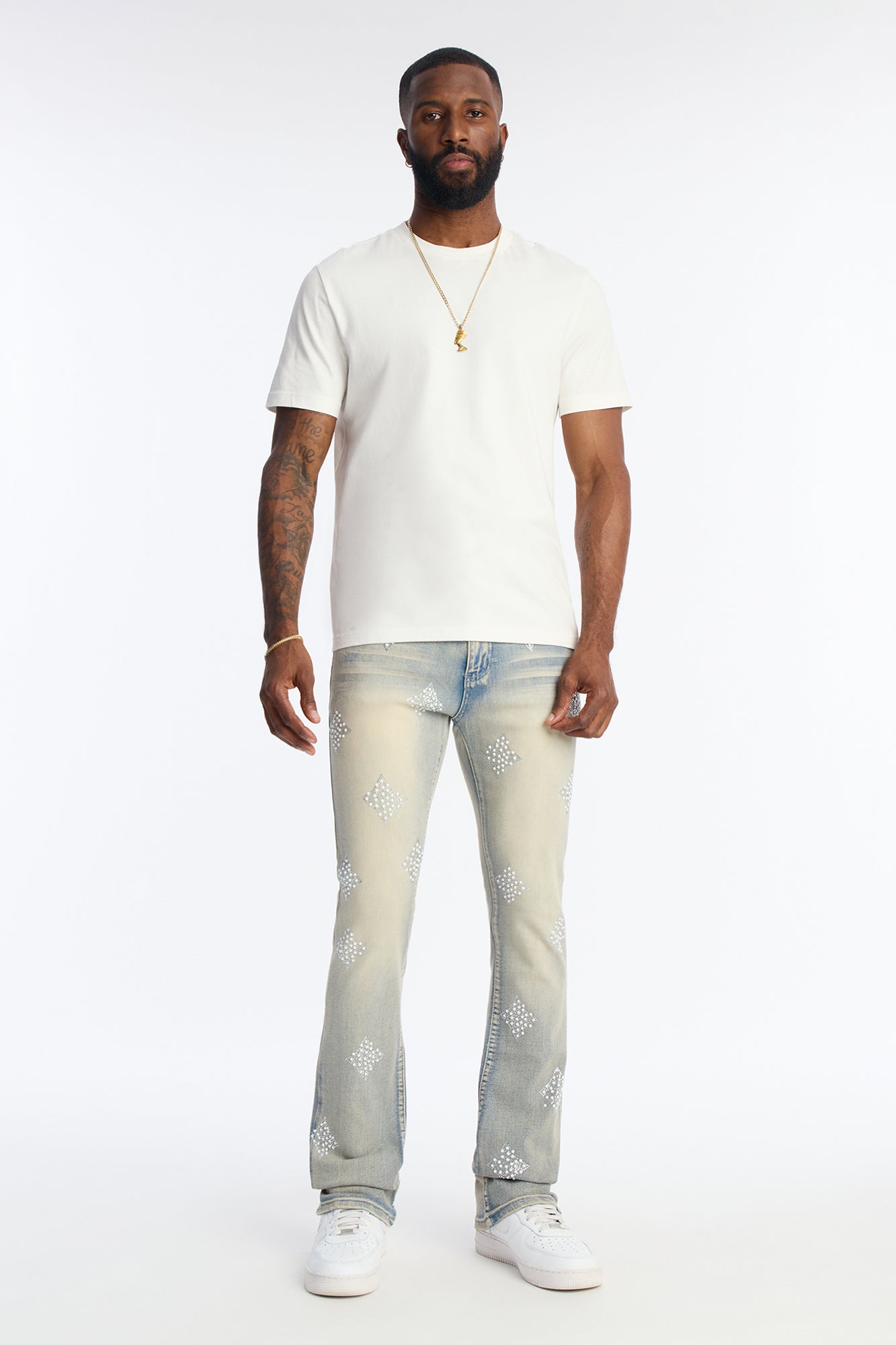 Stacked Skinny Flare Ice Star Pearl Jean - Light Wash Fashion Nova