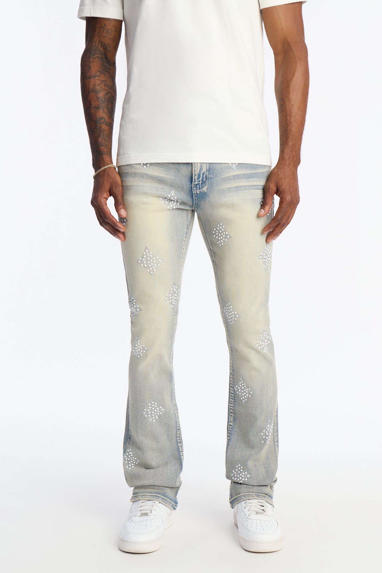 Stacked Skinny Flare Ice Star Pearl Jean - Light Wash Fashion Nova