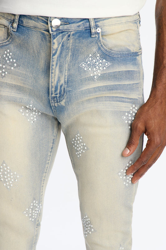 Stacked Skinny Flare Ice Star Pearl Jean - Light Wash Fashion Nova