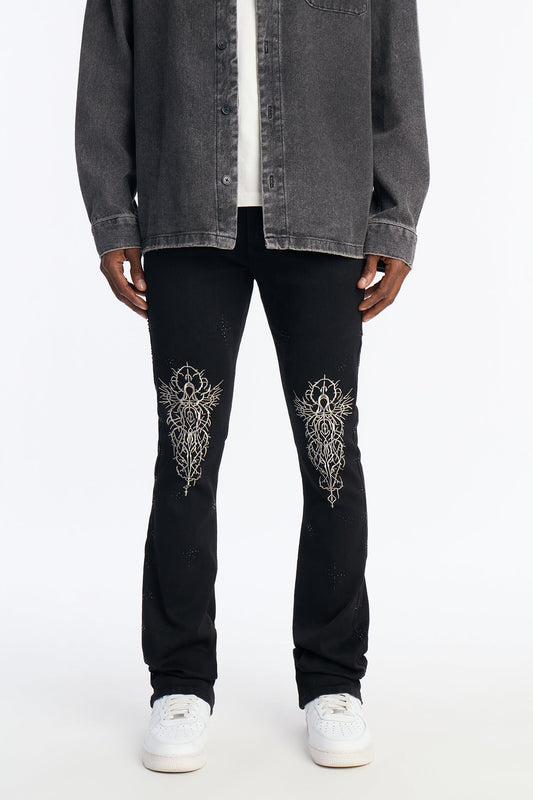 Stacked Skinny Flare Embroidered Saint Jeweled Jean - Black Fashion Nova