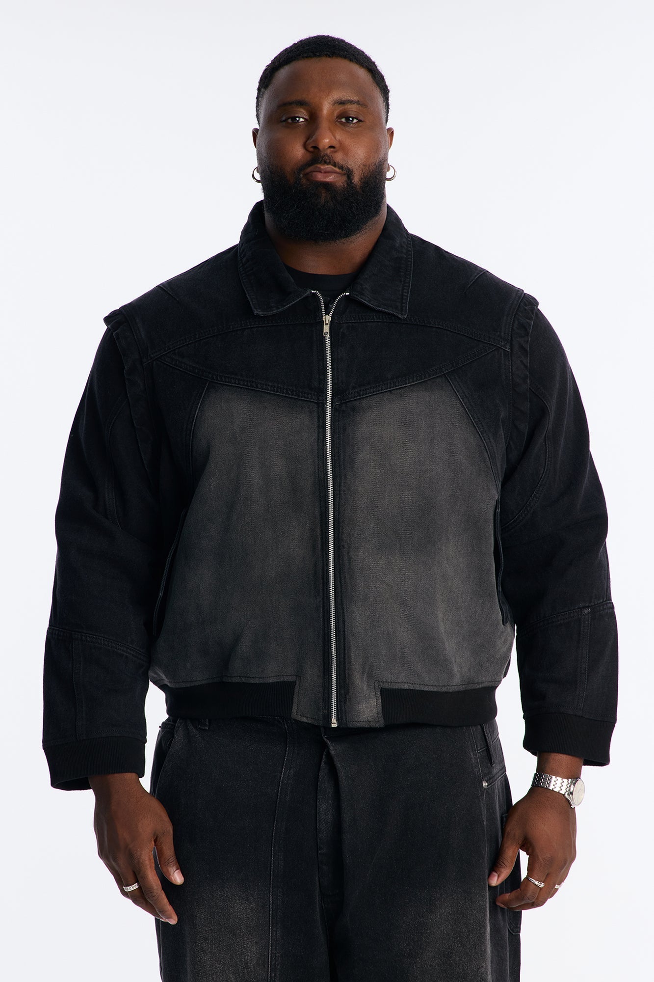 Paneled Denim Bomber Jacket - Black Wash Fashion Nova