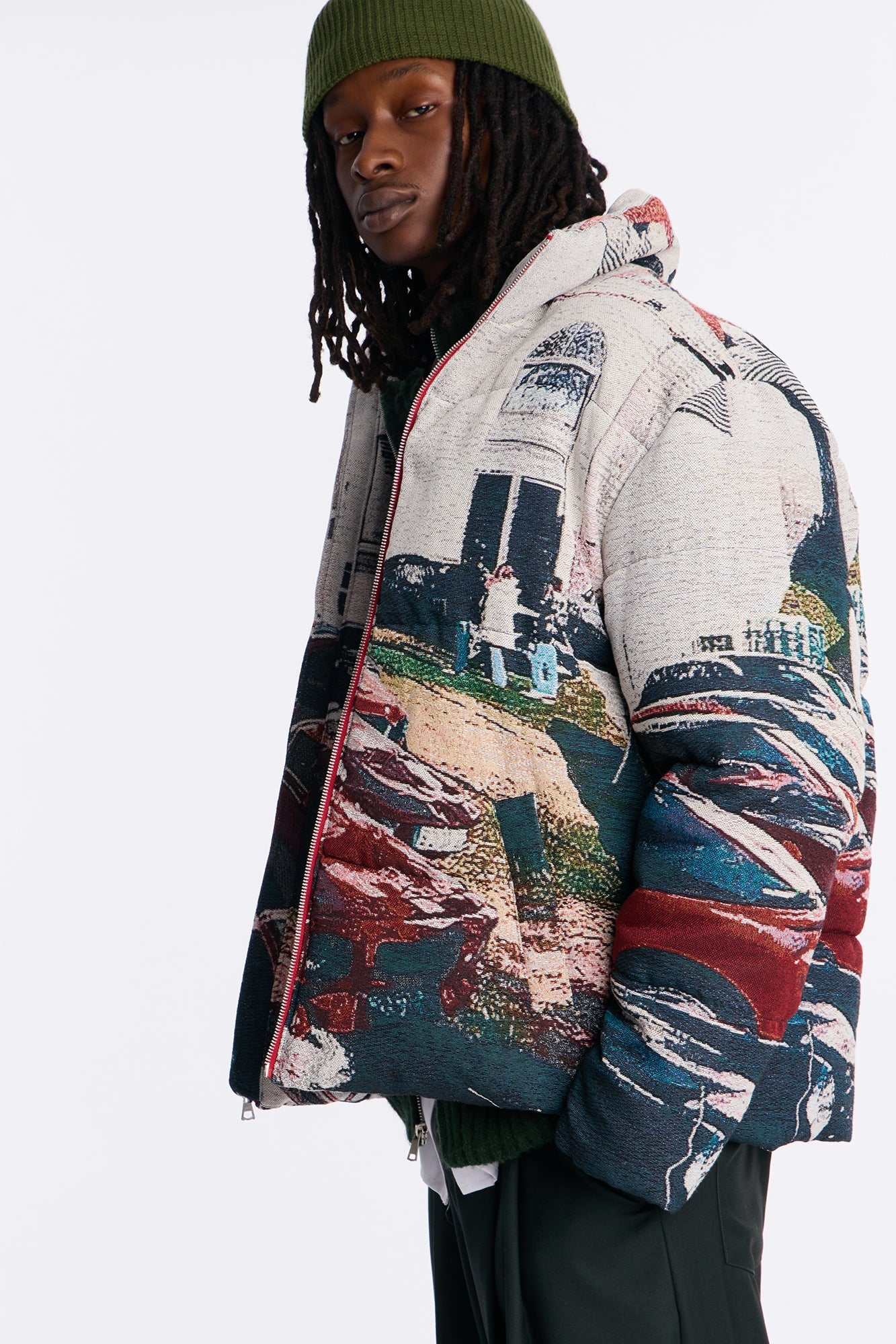 Racing Mind Tapestry Puffer Jacket - Cream Fashion Nova