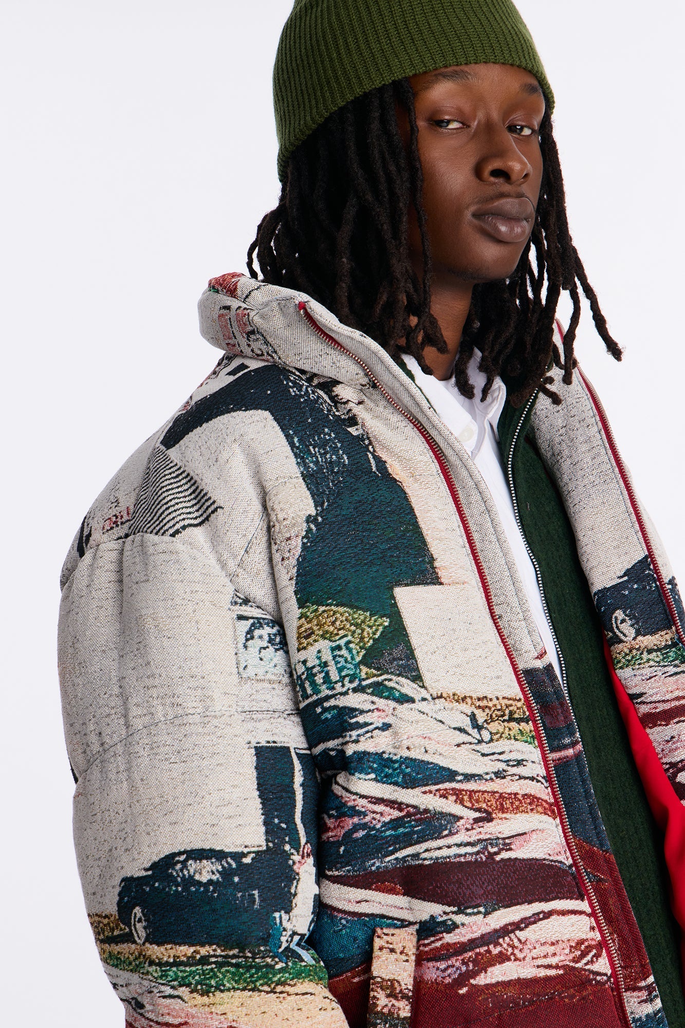 Racing Mind Tapestry Puffer Jacket - Cream Fashion Nova