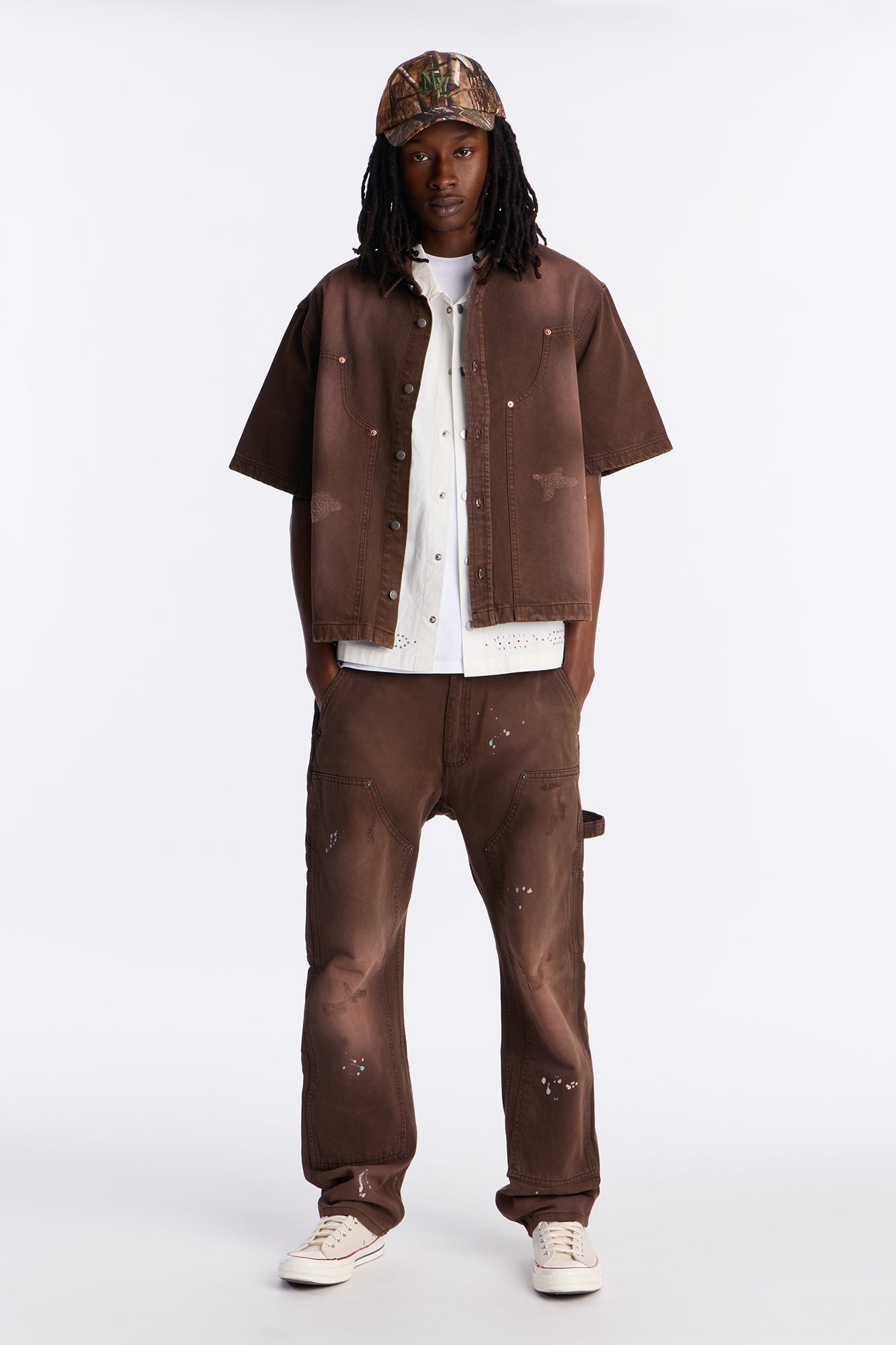 Cropped Splatter Paint Distressed Carpenter Work Shirt - Brown Fashion Nova