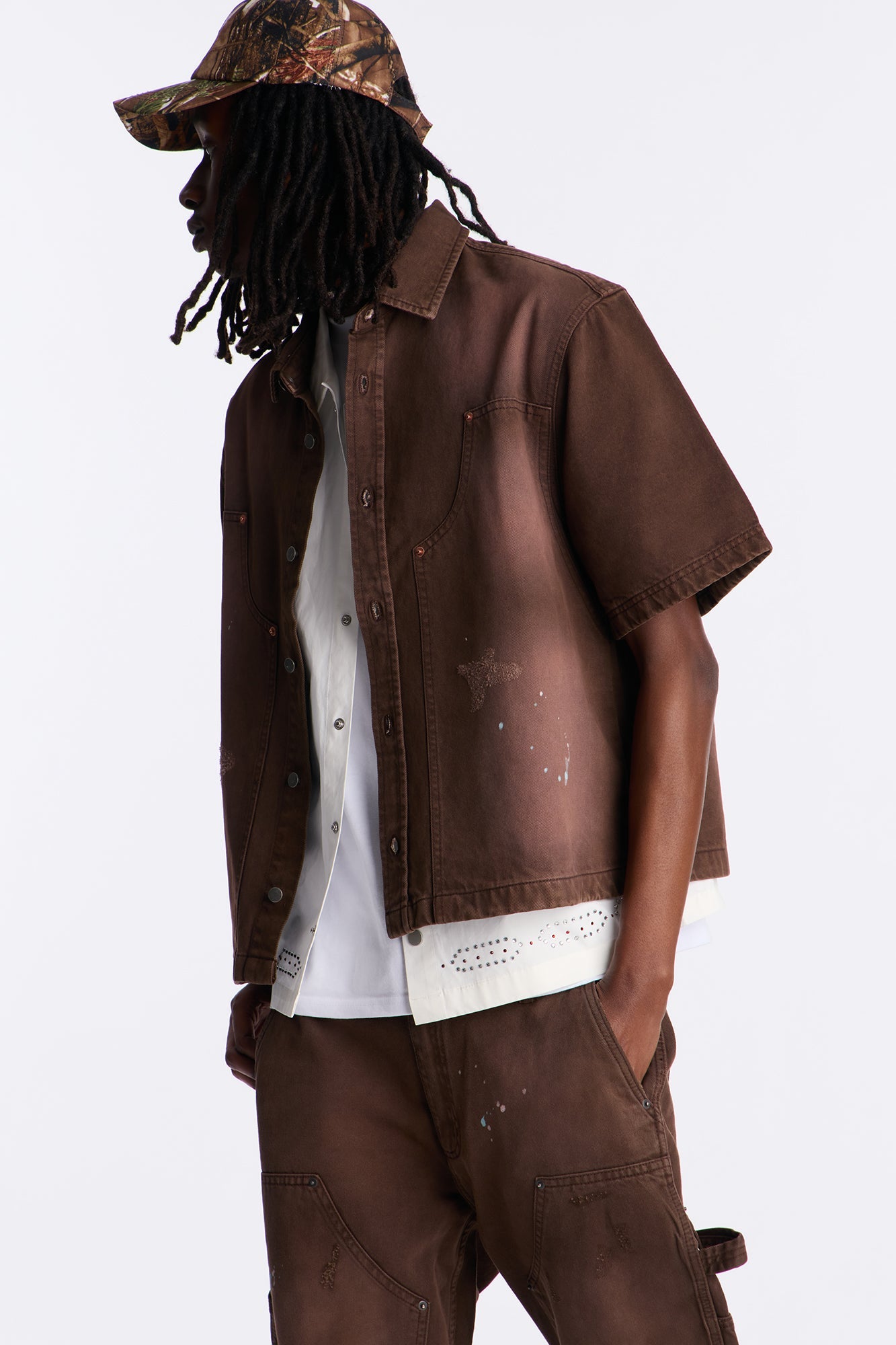 Cropped Splatter Paint Distressed Carpenter Work Shirt - Brown Fashion Nova