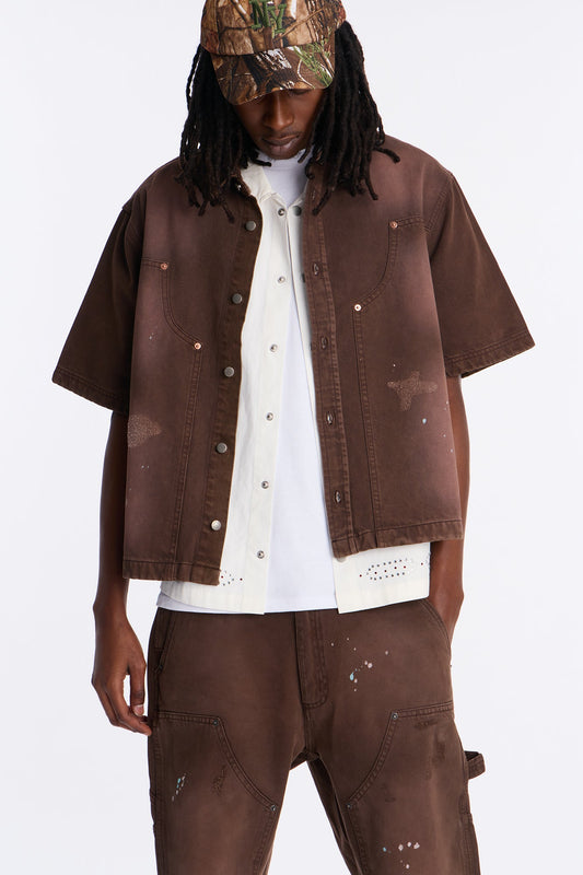 Cropped Splatter Paint Distressed Carpenter Work Shirt - Brown Fashion Nova