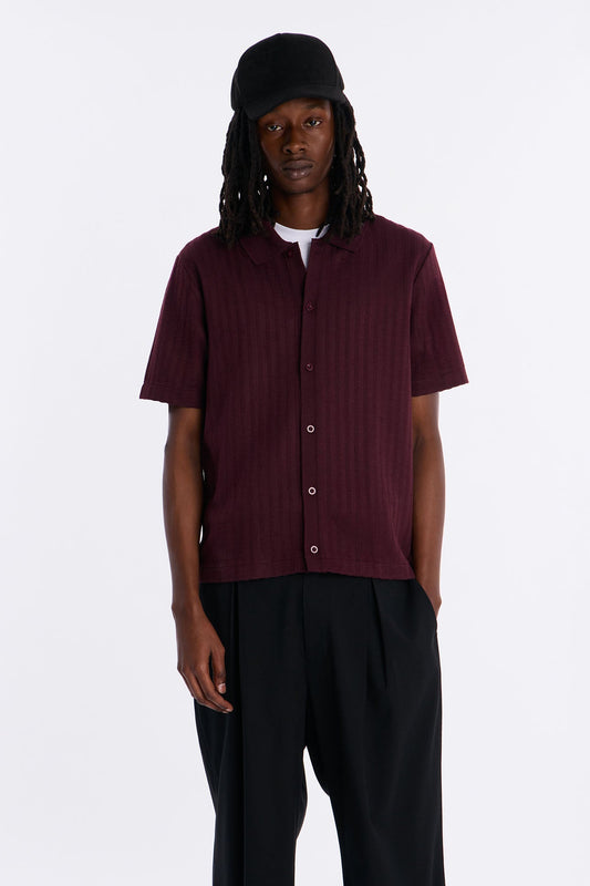 Shadow Button Striped Button Up - Burgundy Fashion Nova