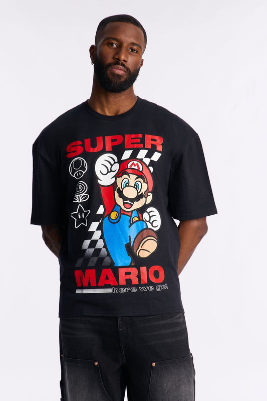 Super Mario Here We Go Boxy Short Sleeve Tee - Black Fashion Nova