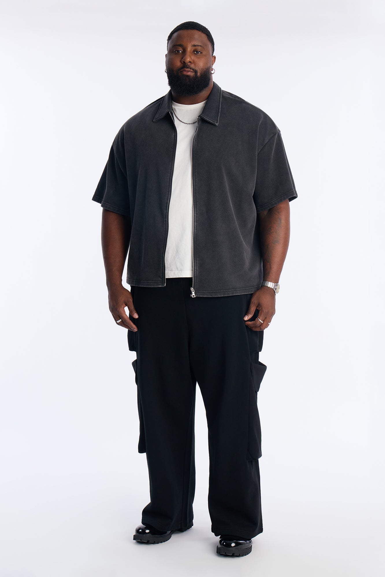 Heavy Wash Oversized Full Zip Polo - Black Fashion Nova