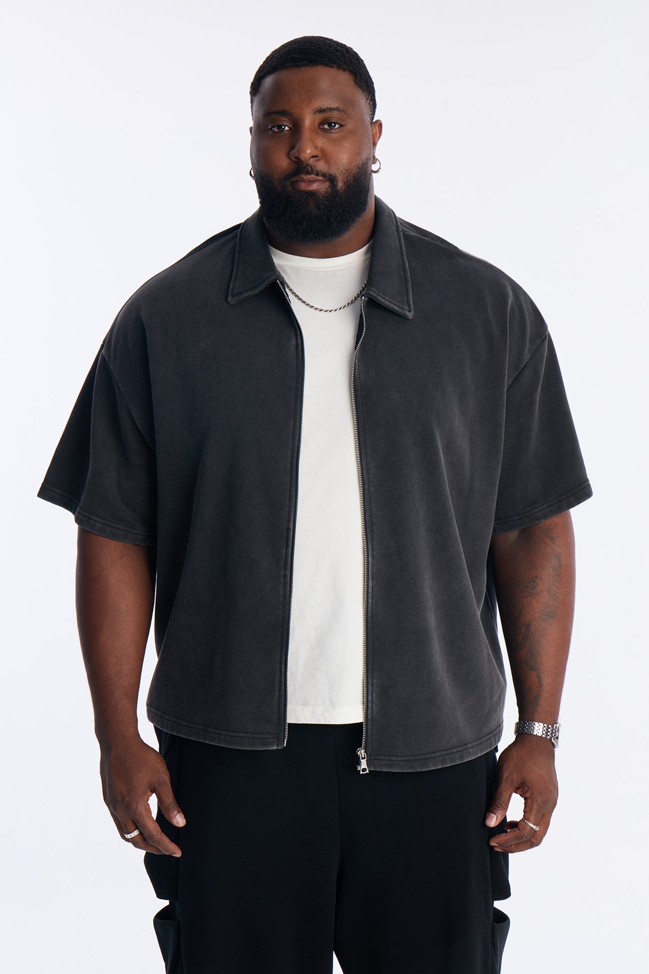 Heavy Wash Oversized Full Zip Polo - Black Fashion Nova