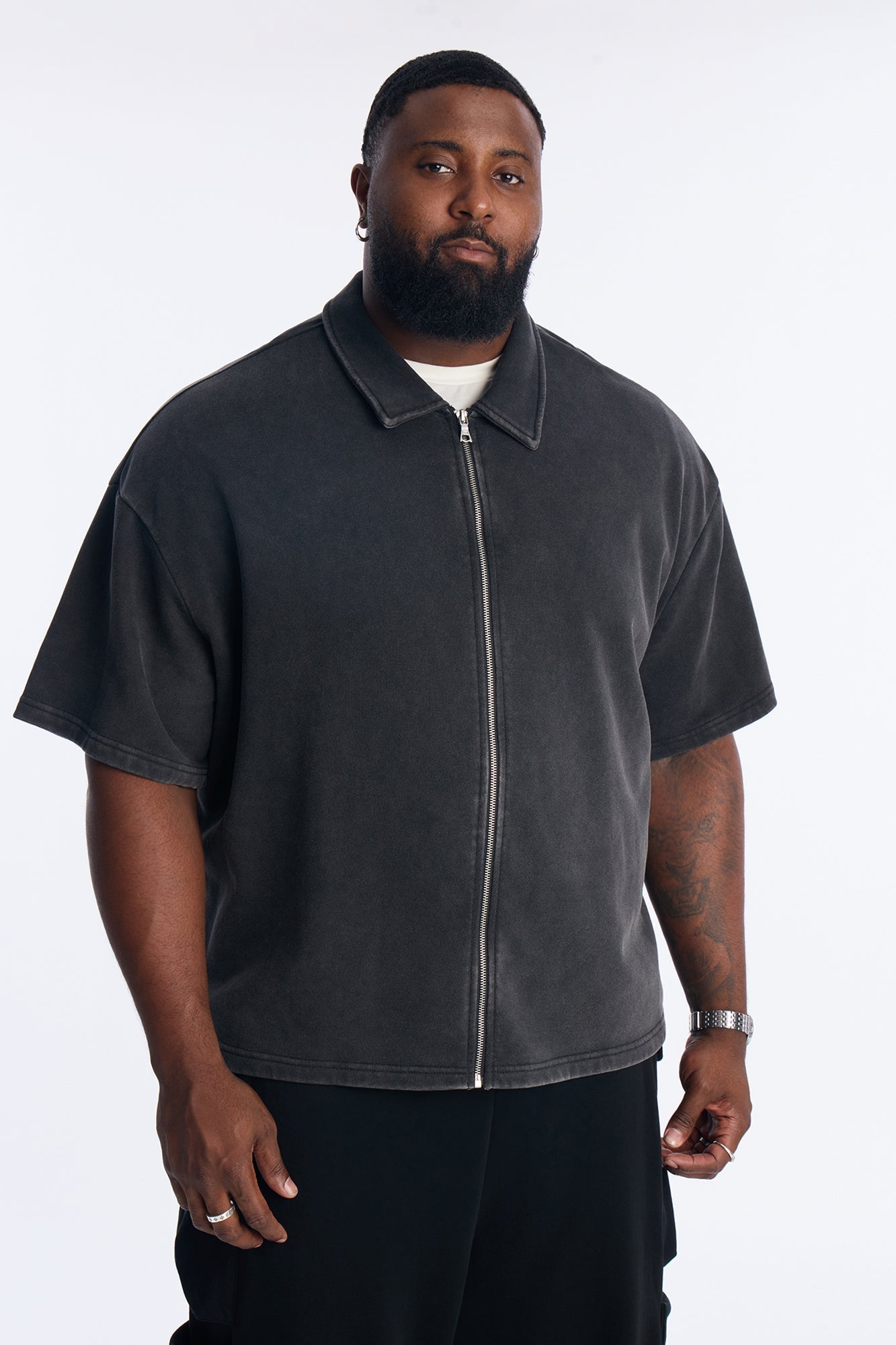 Heavy Wash Oversized Full Zip Polo - Black Fashion Nova