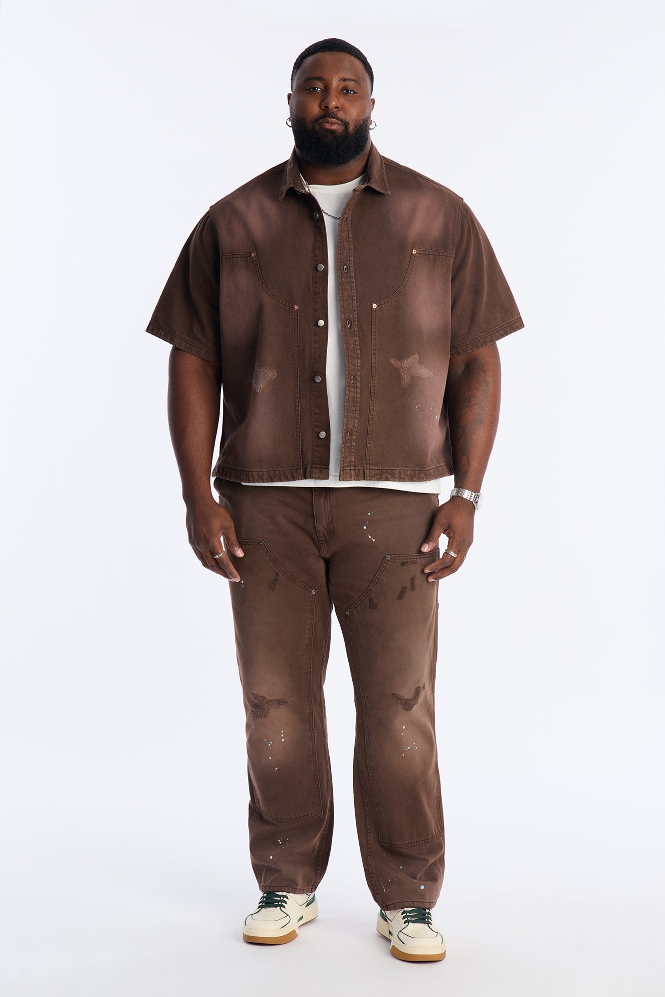 Cropped Splatter Paint Distressed Carpenter Work Shirt - Brown Fashion Nova