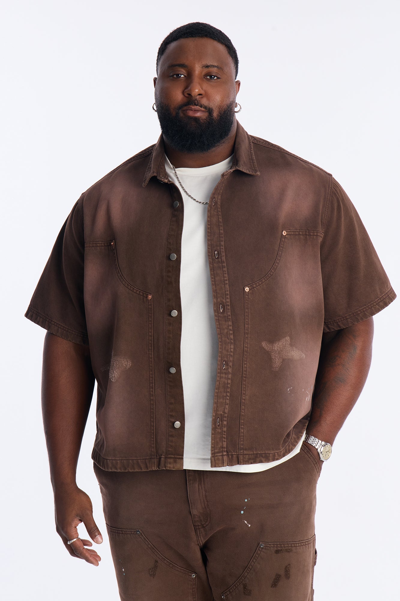 Cropped Splatter Paint Distressed Carpenter Work Shirt - Brown Fashion Nova
