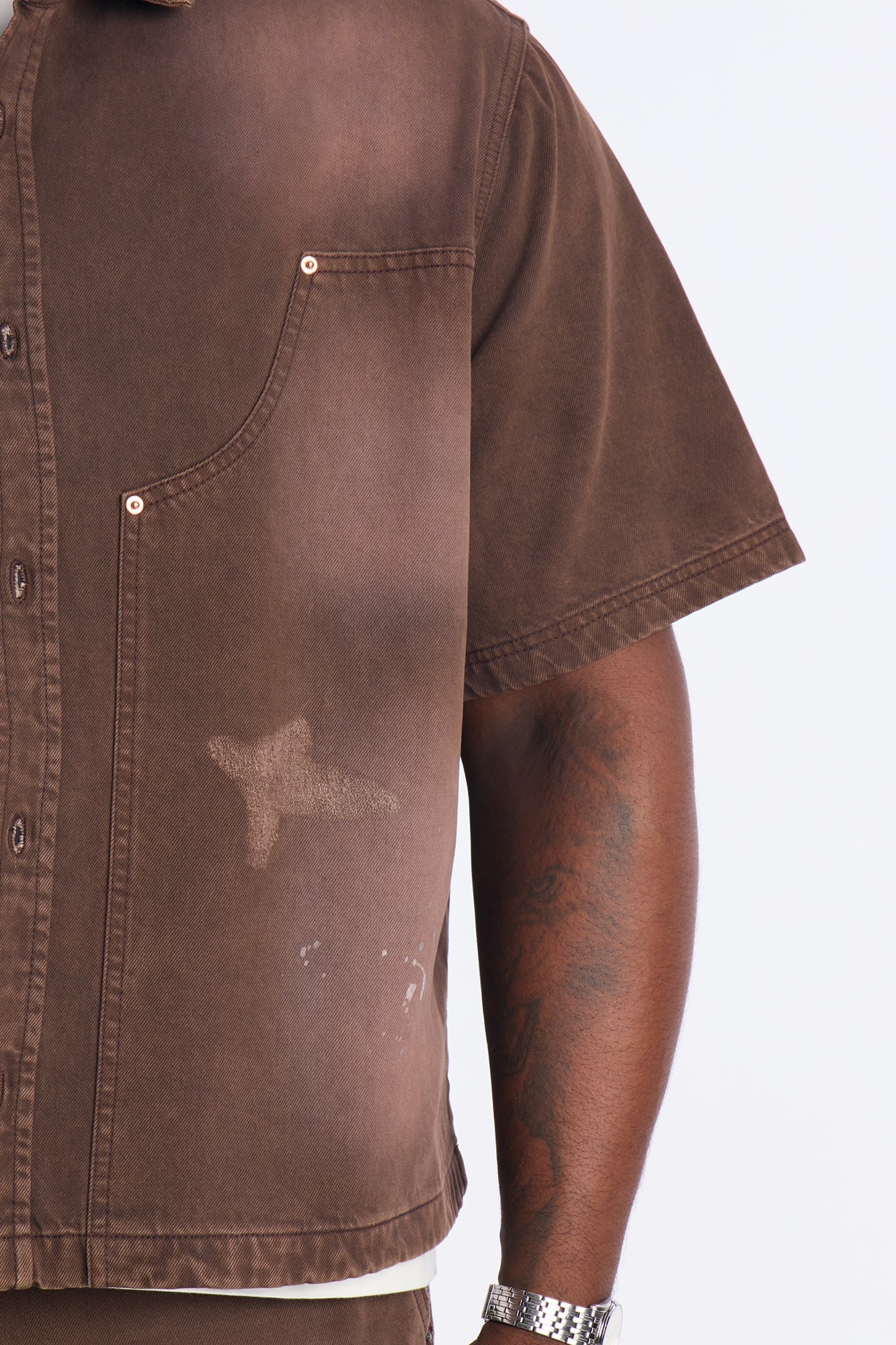 Cropped Splatter Paint Distressed Carpenter Work Shirt - Brown Fashion Nova