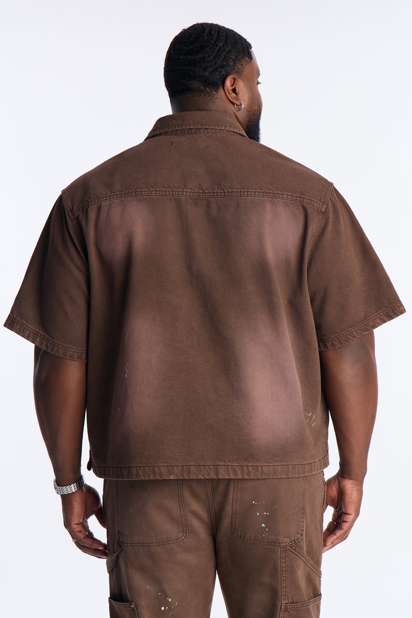 Cropped Splatter Paint Distressed Carpenter Work Shirt - Brown Fashion Nova
