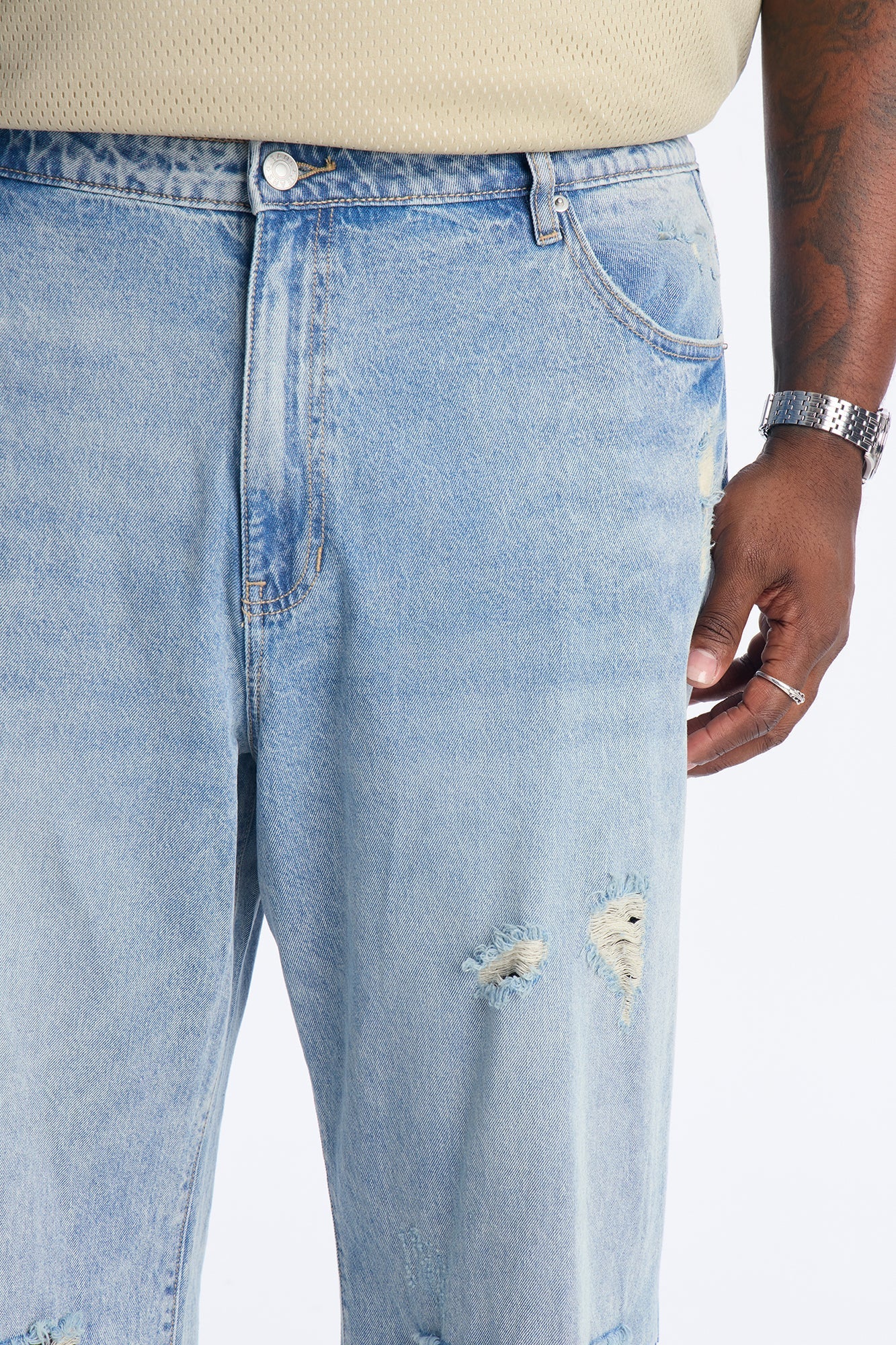Baggy On The Grind Destroyed Jean - Light Blue Wash Fashion Nova