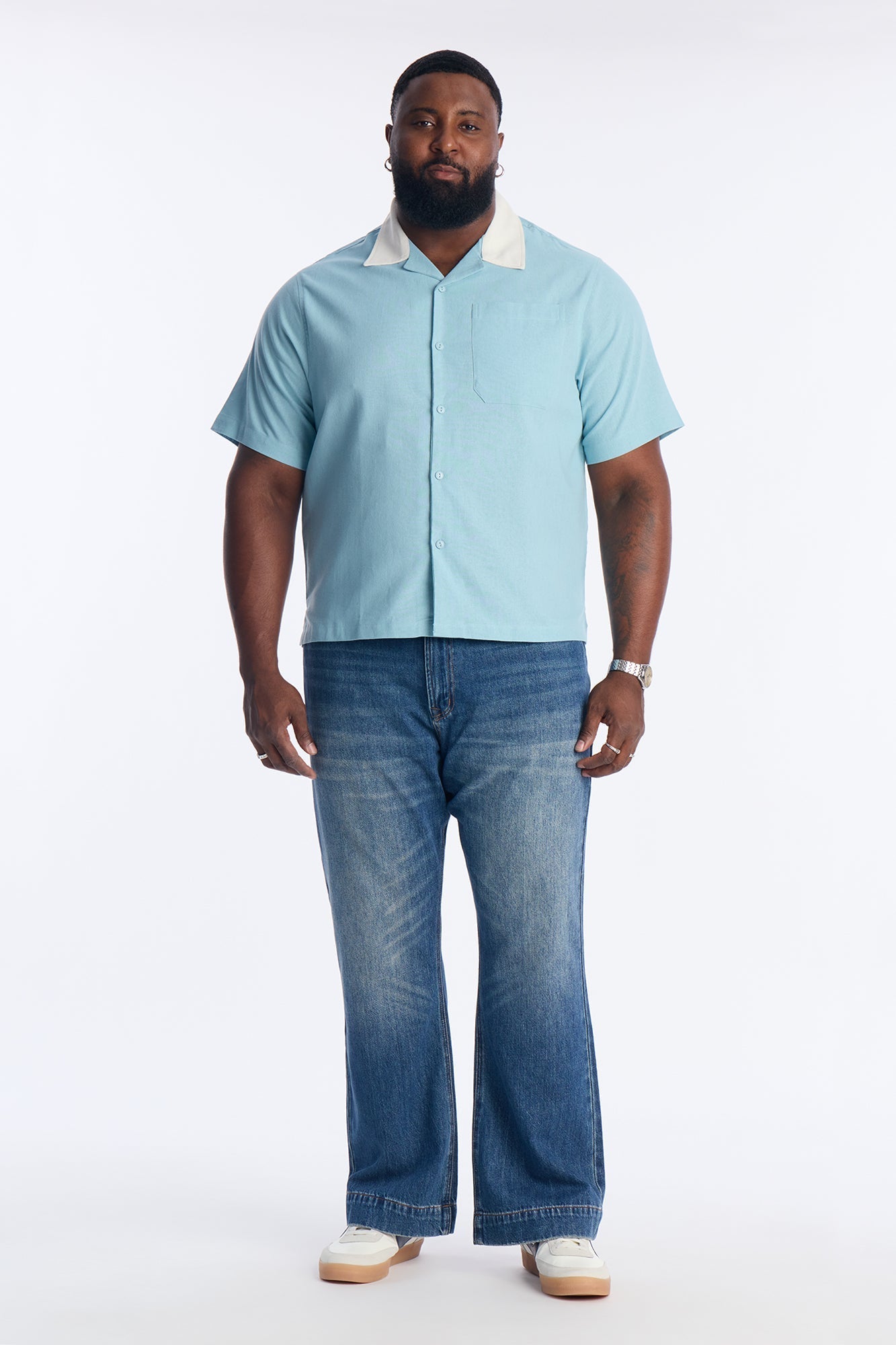 Panel Trim Button Up Shirt - Blue Fashion Nova