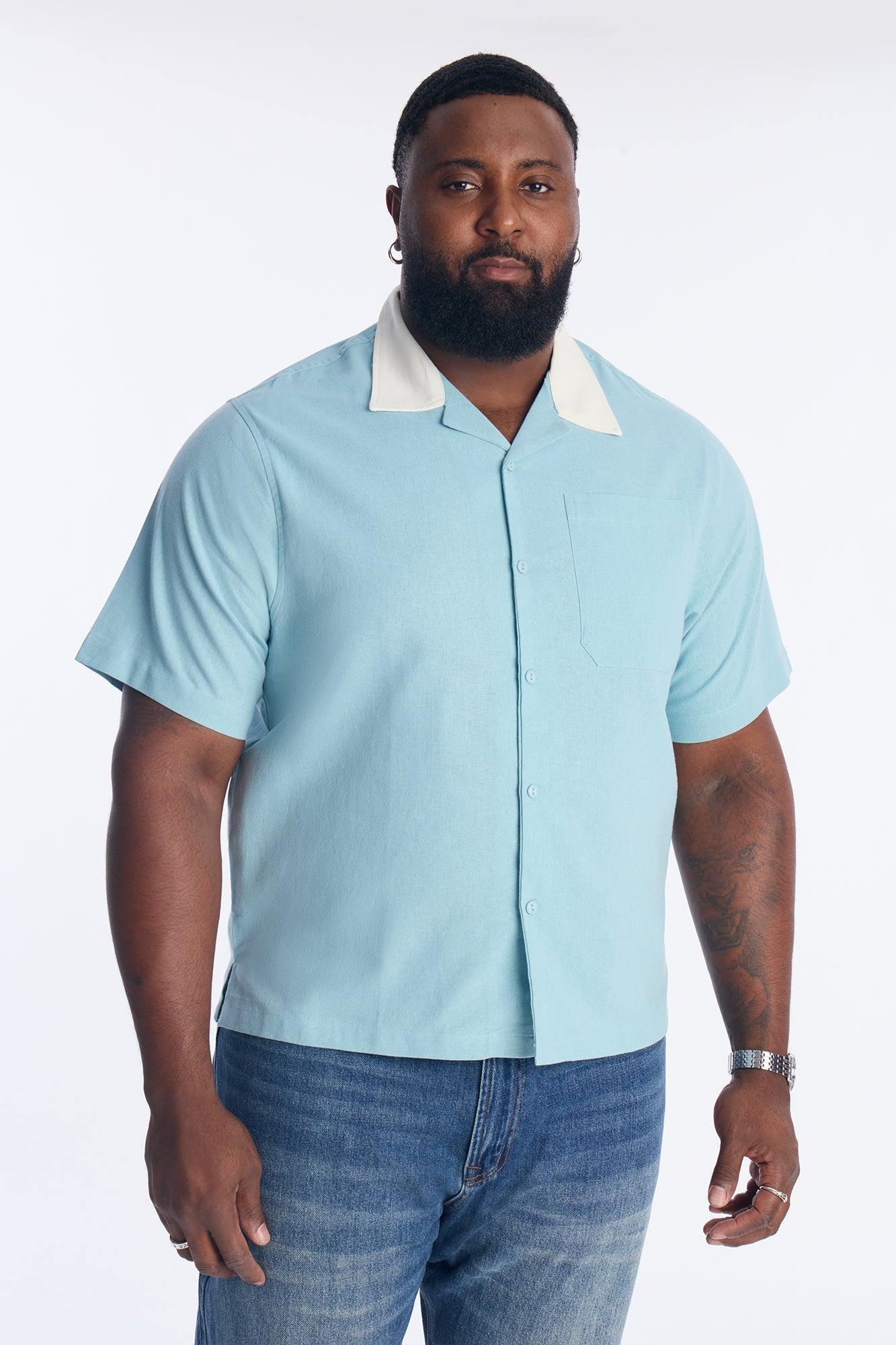 Panel Trim Button Up Shirt - Blue Fashion Nova