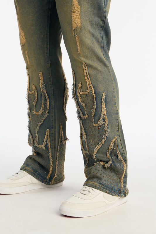 Stacked Skinny Flare Jeweled In Flames Jeans - Vintage Wash Fashion Nova