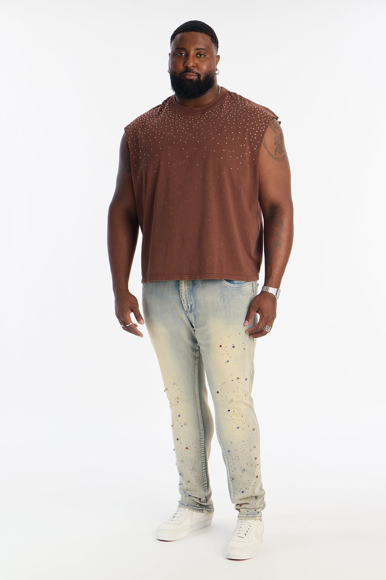 Embellished Stone Muscle Tee - Brown Fashion Nova