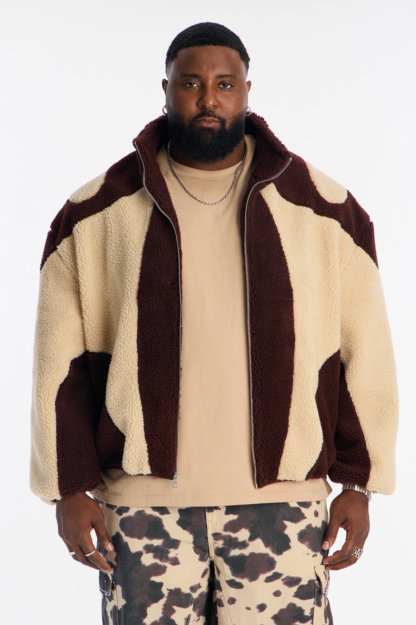 Oversized Sherpa Wave Paneled Zip Jacket - Brown Fashion Nova