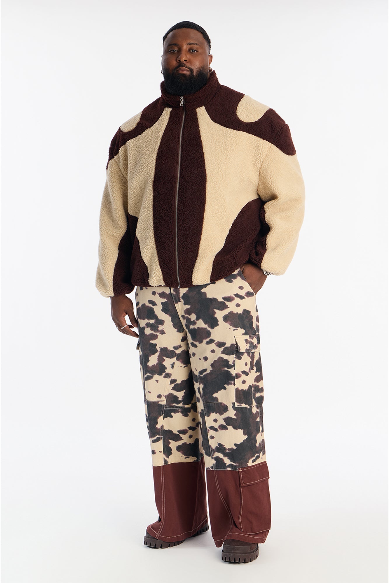 Oversized Sherpa Wave Paneled Zip Jacket - Brown Fashion Nova