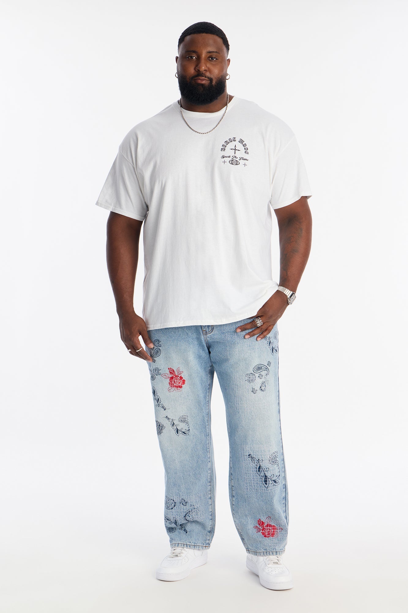 Straight Roses With Stitches Embroidered Jean - Light Blue Wash Fashion Nova