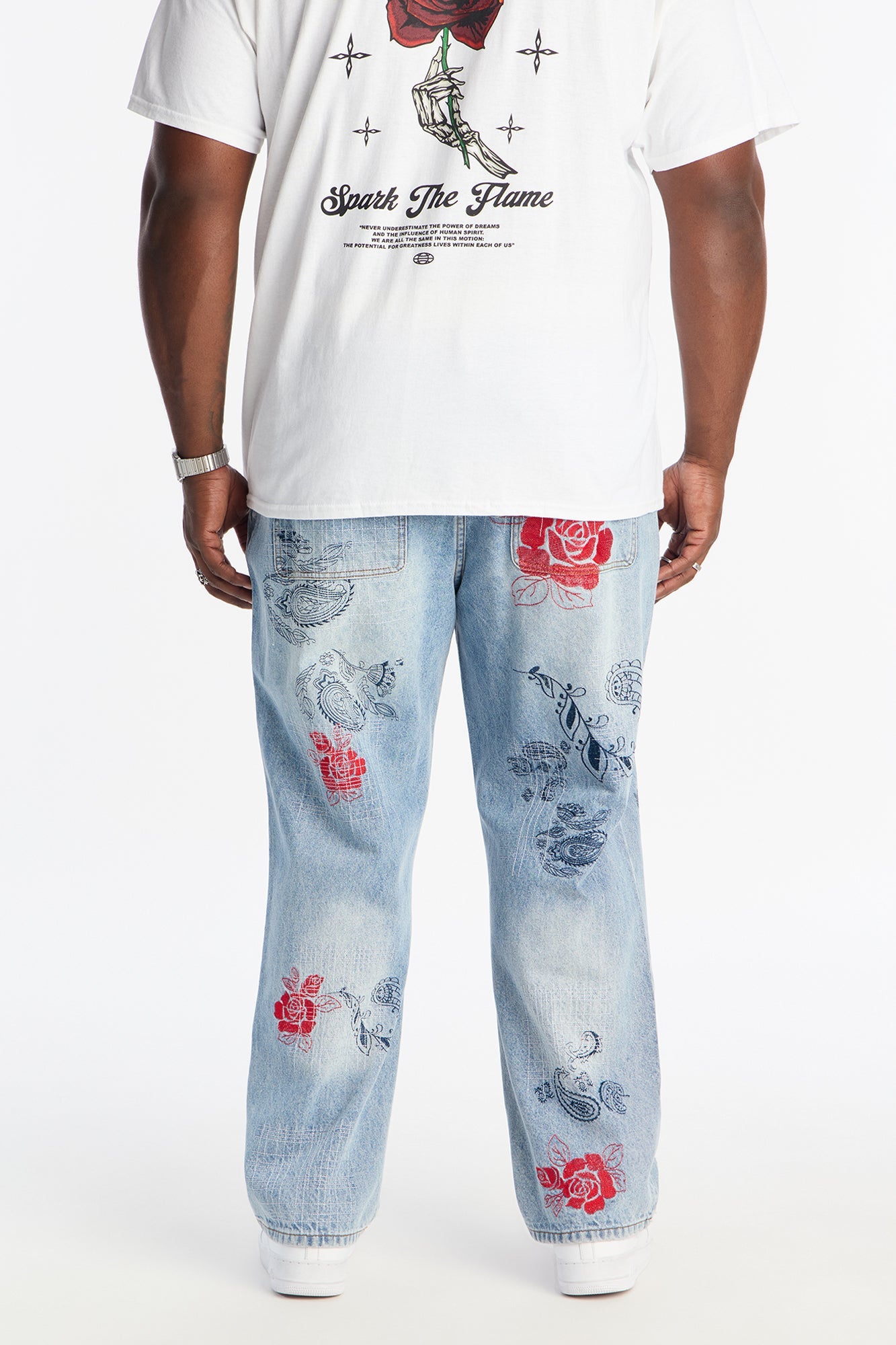 Straight Roses With Stitches Embroidered Jean - Light Blue Wash Fashion Nova