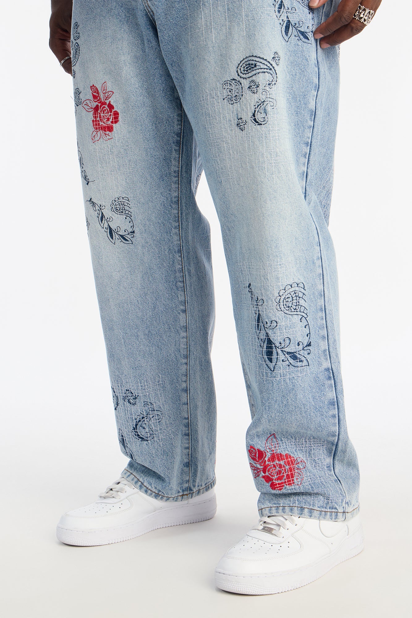Straight Roses With Stitches Embroidered Jean - Light Blue Wash Fashion Nova