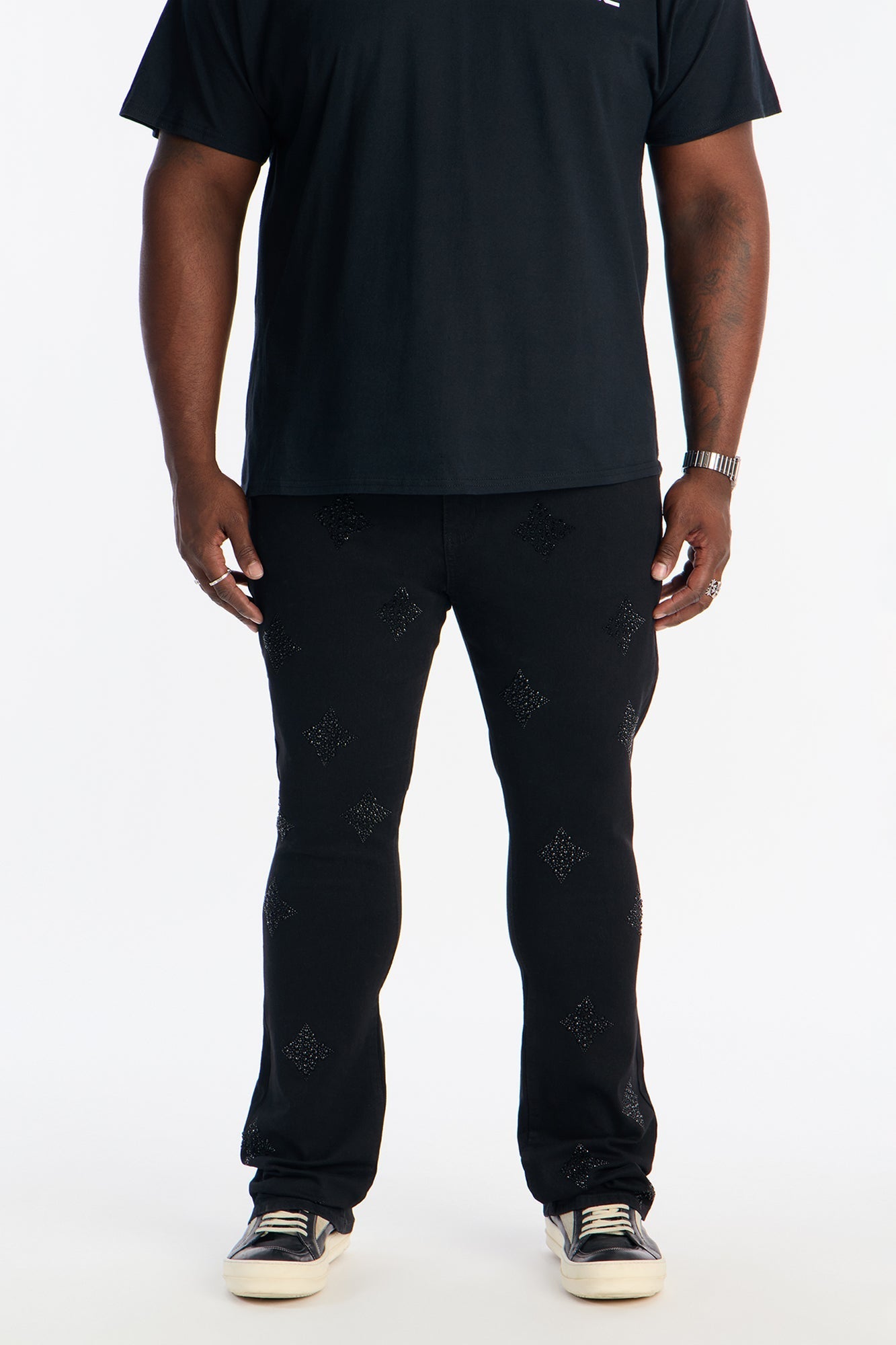 Stacked Skinny Flare Ice Star Pearl Jean - Black Fashion Nova