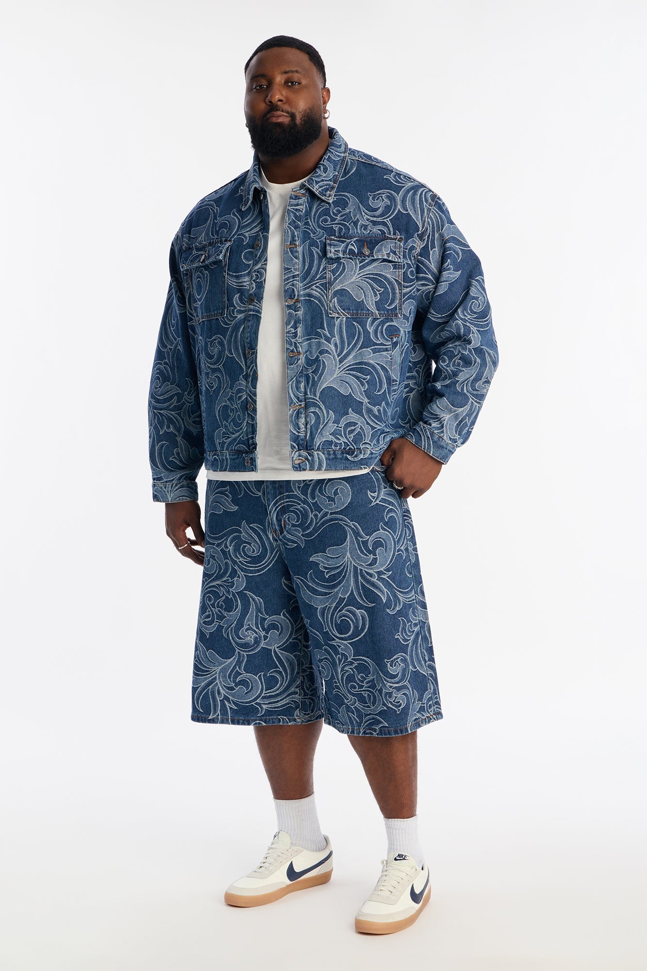 Baggy Baroque Jacquard Denim Shorts - Medium Blue Wash Fashion Nova