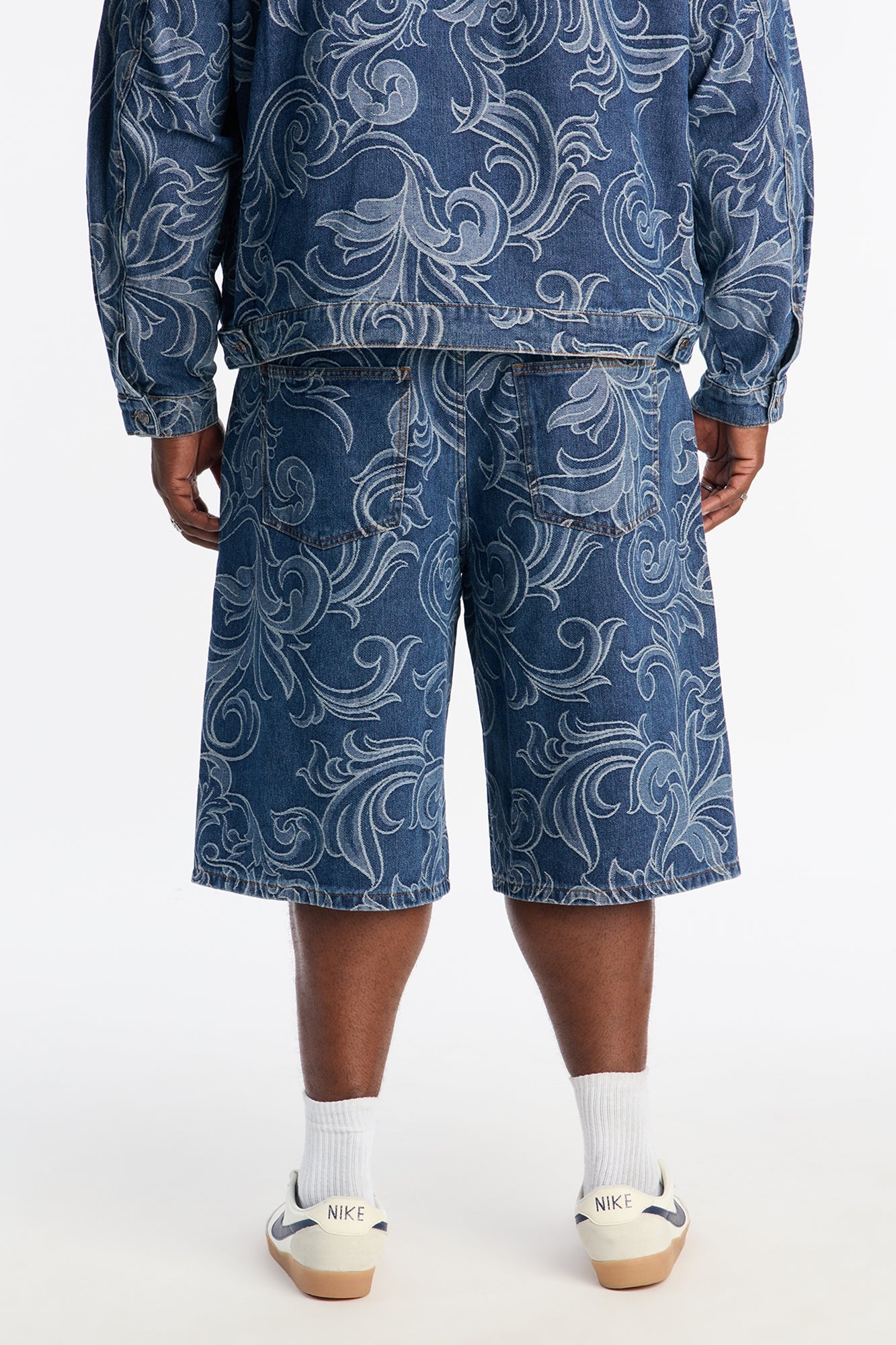 Baggy Baroque Jacquard Denim Shorts - Medium Blue Wash Fashion Nova