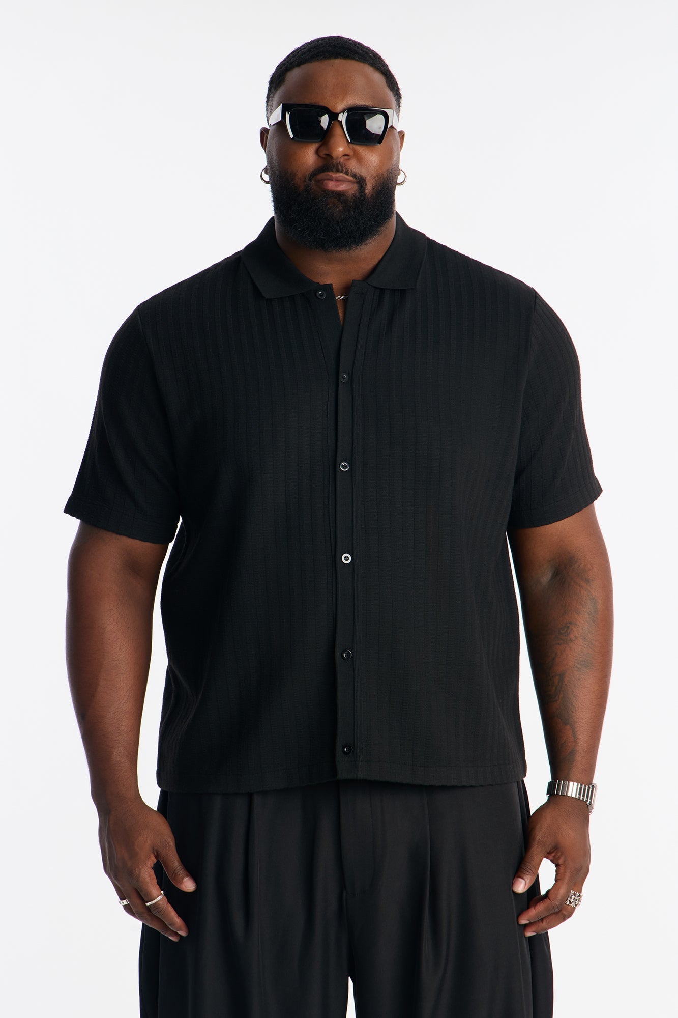 Shadow Button Striped Button Up - Black Fashion Nova