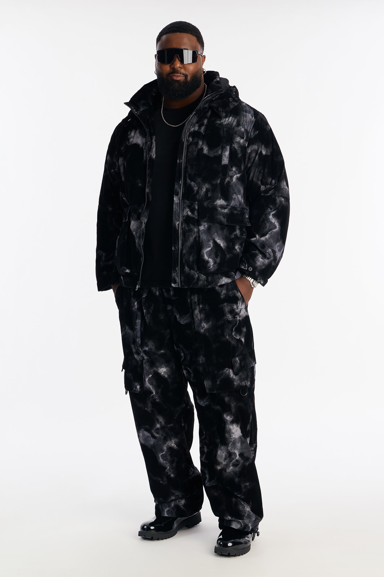 Baggy Flocked Marble Cargo Pant - Black Fashion Nova